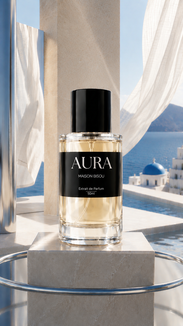 Extrait de Parfum AURA Maison Bisou — flacon et coffret, cognac, cannelle, fève tonka et vanille