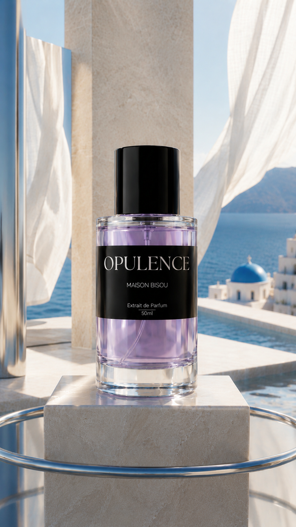 Extrait de Parfum OPULENCE Maison Bisou — flacon et coffret, rose, violette, oud et ambre