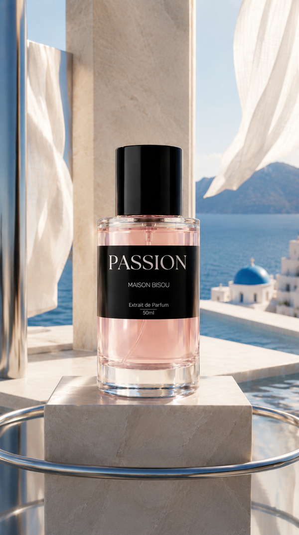 Extrait de Parfum PASSION Maison Bisou — flacon et coffret, hibiscus, rose, vanille et musc