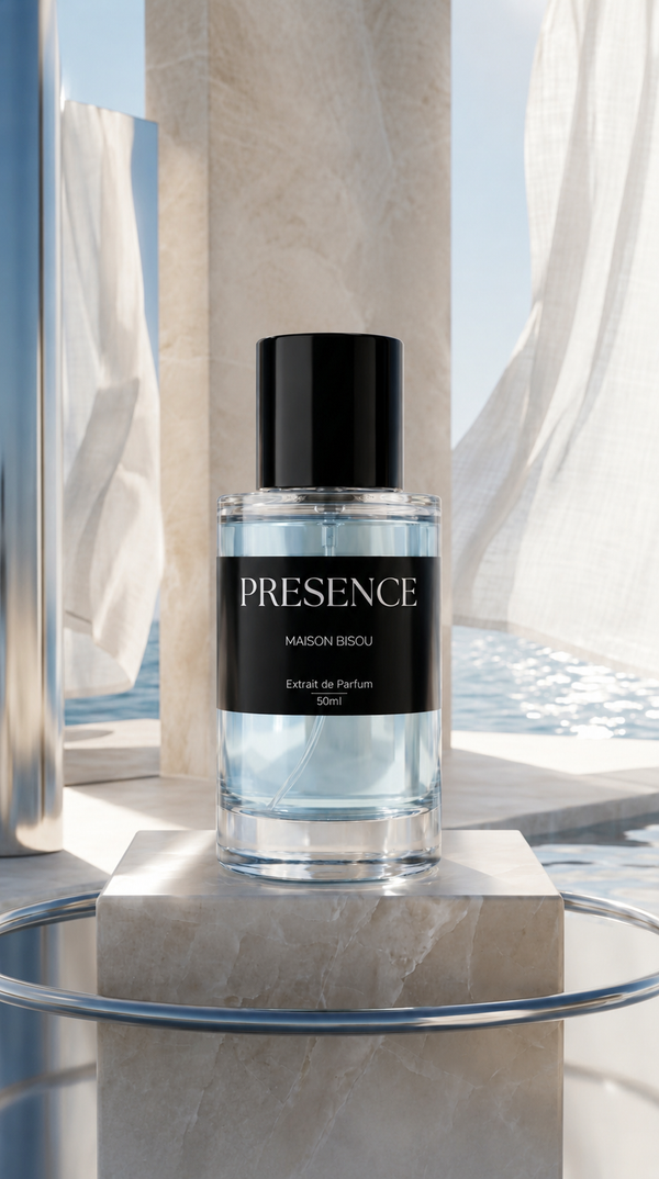 Extrait de Parfum PRÉSENCE Maison Bisou — flacon et coffret, bergamote, thé noir et Ambrox