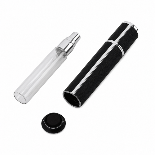 Vaporisateur de voyage rechargeable Maison Bisou — étui cuir noir et flacon en verre pour Extrait de Parfum