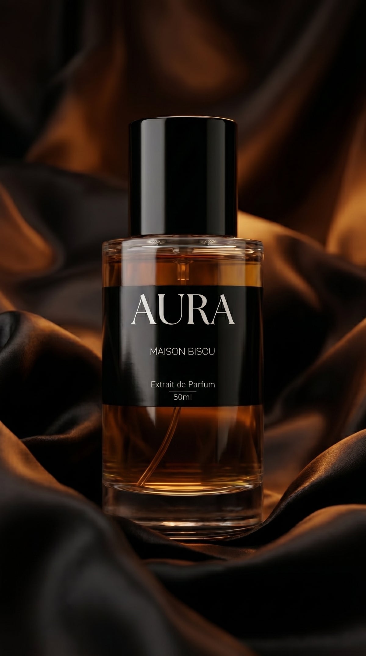 Extrait de Parfum AURA de Maison Bisou — flacon ambré sur drapé doré, cognac, fève tonka et vanille
