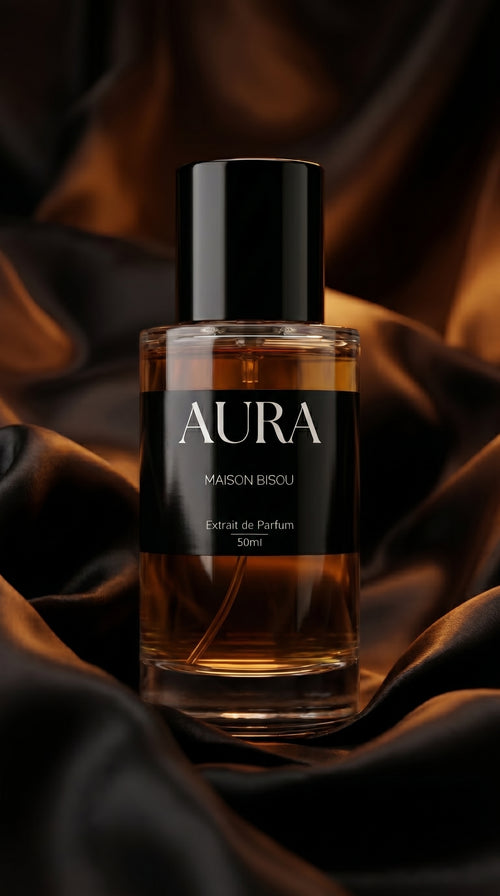 Extrait de Parfum AURA de Maison Bisou — flacon ambré sur drapé doré, cognac, fève tonka et vanille